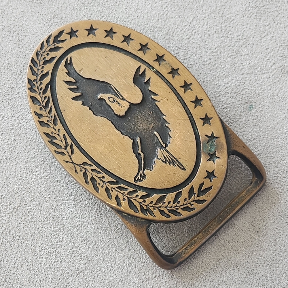 Vintage 70s Tech Ether Guild belt buckle men's solid brass Bald Eagle Stars USA